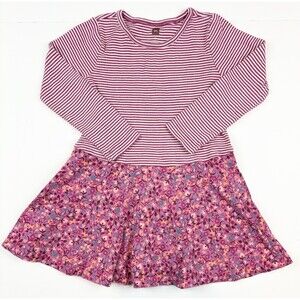 Tea Collection Dress Pink Floral Striped Long Sleeve Girls Size 4